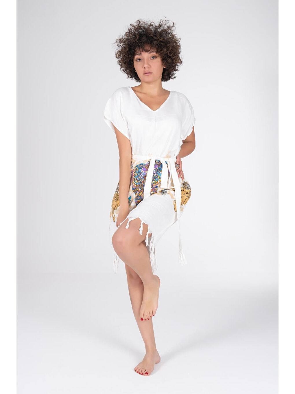 Ekru Baskılı Bambu Plaj Elbisesi-1