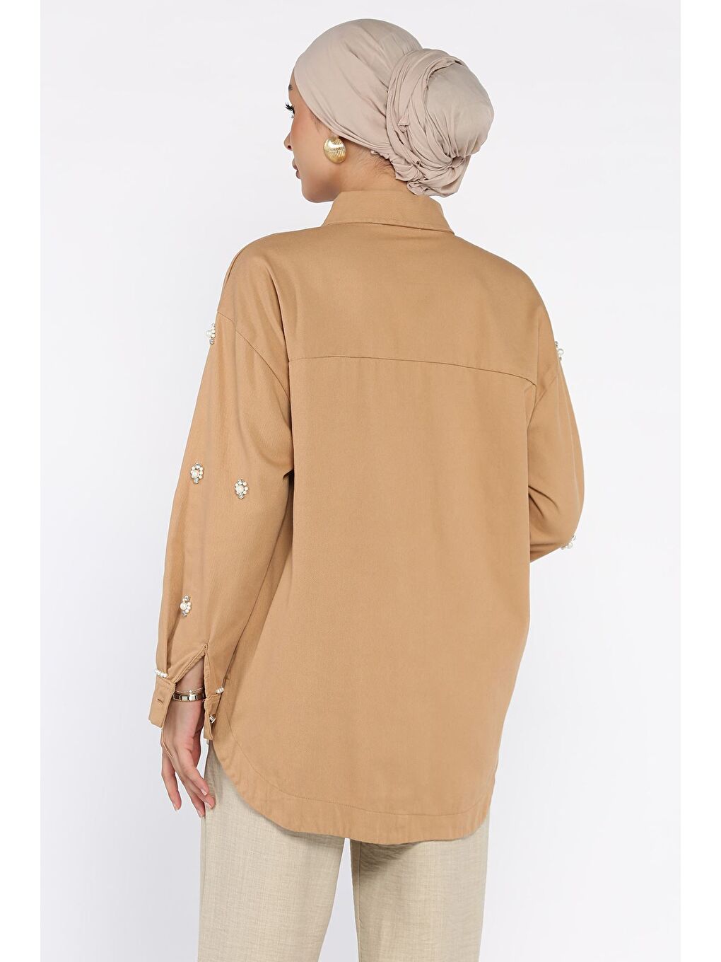 Kahverengi Taş Detaylı Gabardin Gömlek Tunik-5