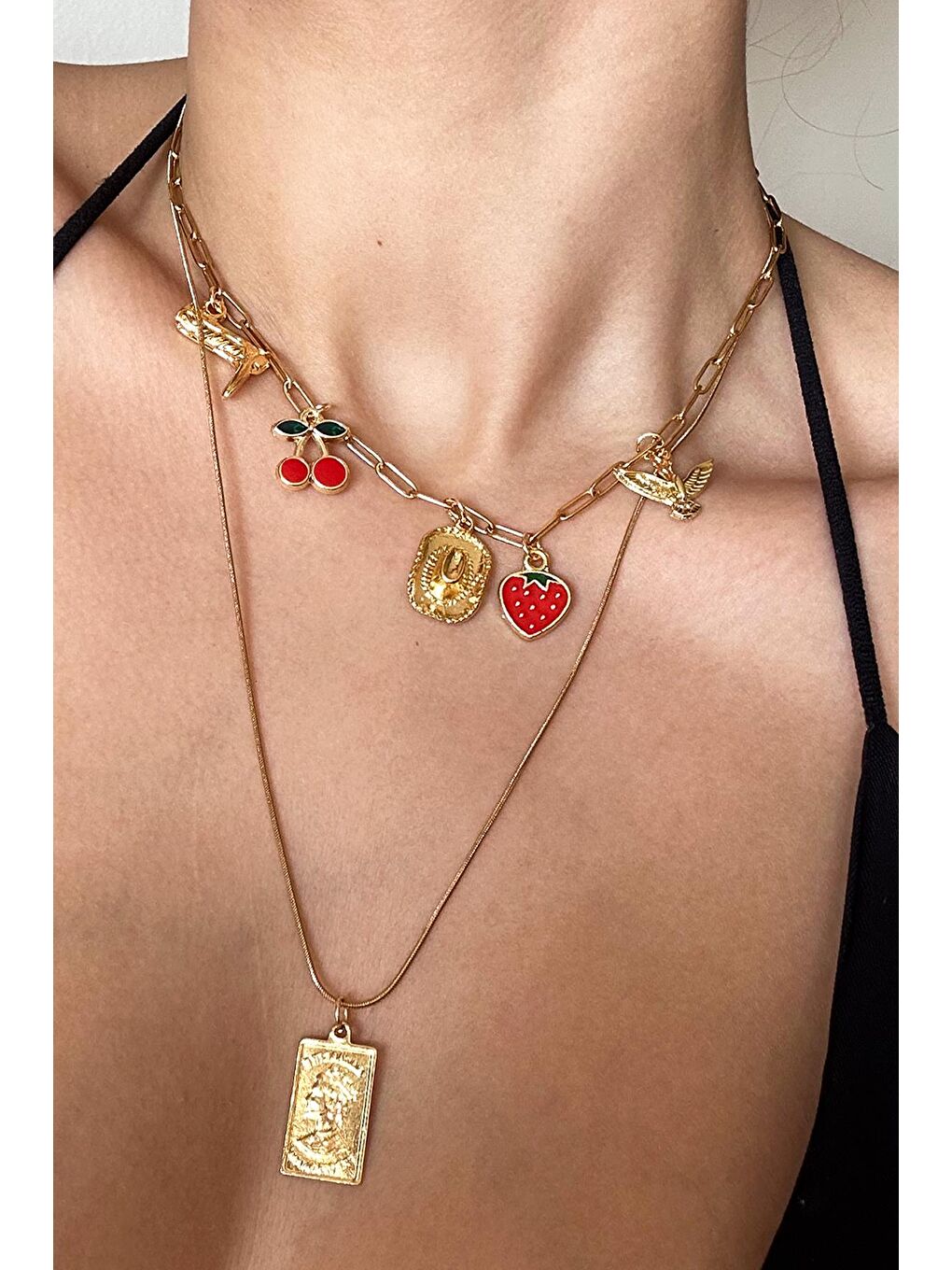 New Obsessions Sarı Happy Charms Sallantılı Çelik Kolye 2'li Set - 1
