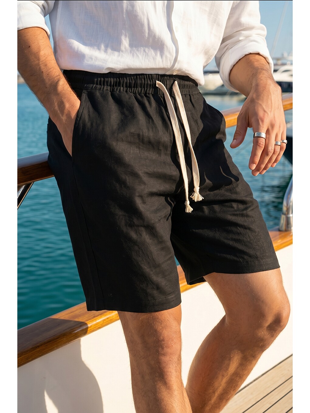 Siyah Pacho Premium %100 Pamuk Erkek Lastikli Bağcıklı Regular Fit Şort-2