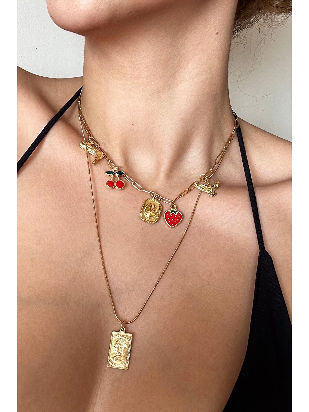 New Obsessions Sarı Happy Charms Sallantılı Çelik Kolye 2'li Set - 2