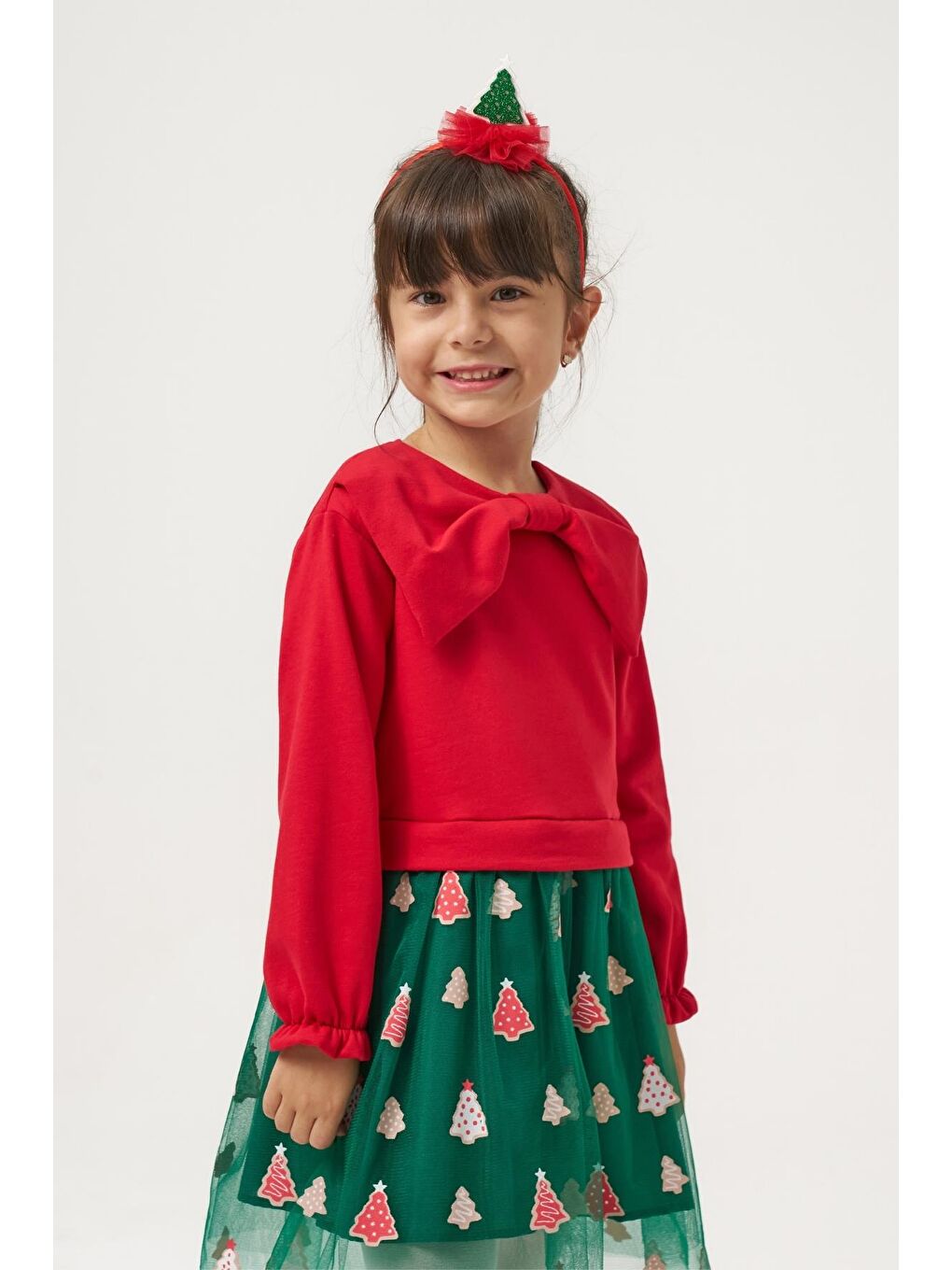 Kız Çocuk Pamuklu Kırmızı Fiyonklu Uzun Kollu Yeşil Ağaç Desenli Tüllü Elbise - Yılbaşı Konseptli-3