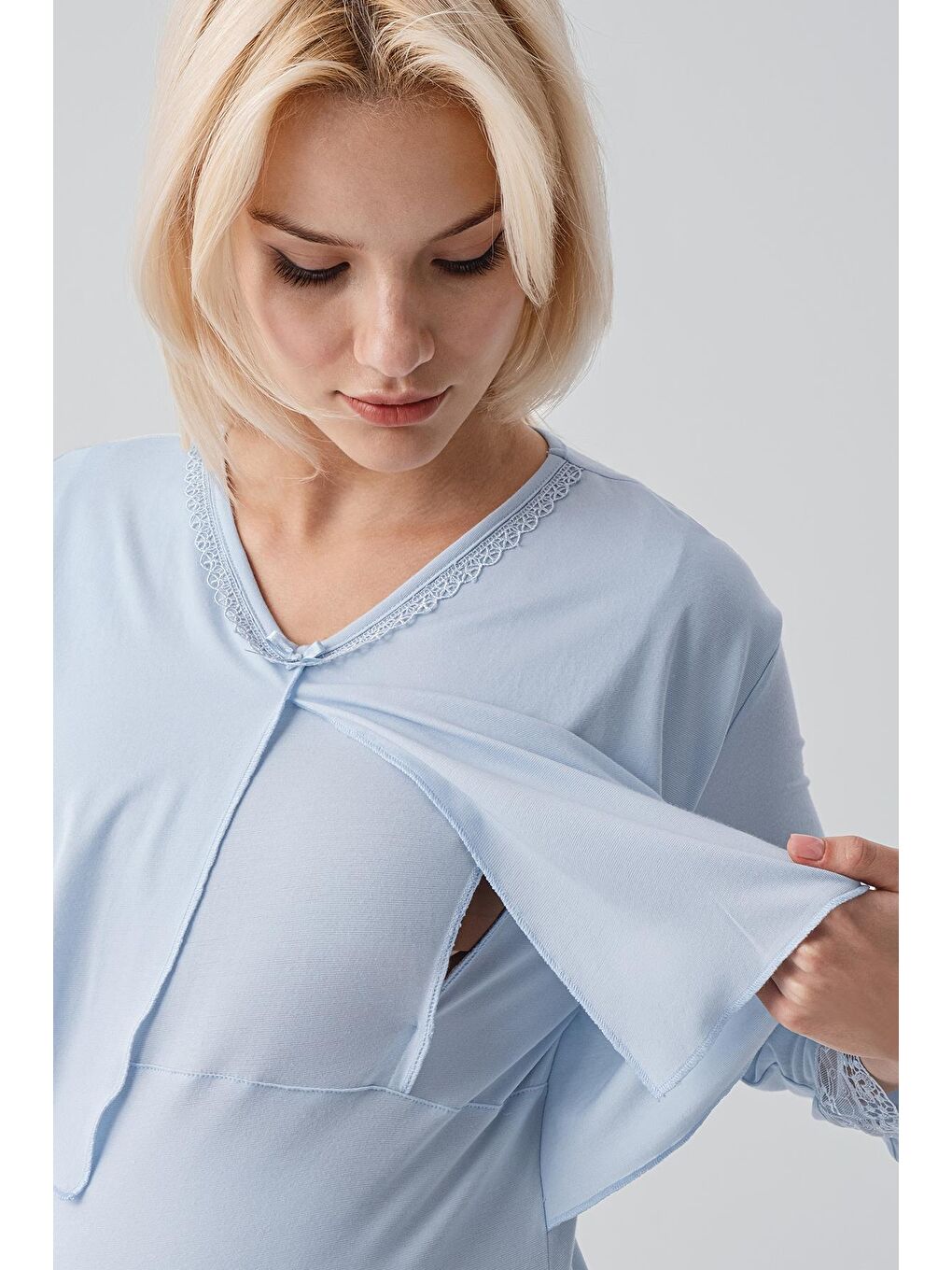 Mavi Uzun Kollu Dantelli Emzirme Bölmeli Esnek Viskoz Hamile Sabahlık Gecelik Takım 19401-6