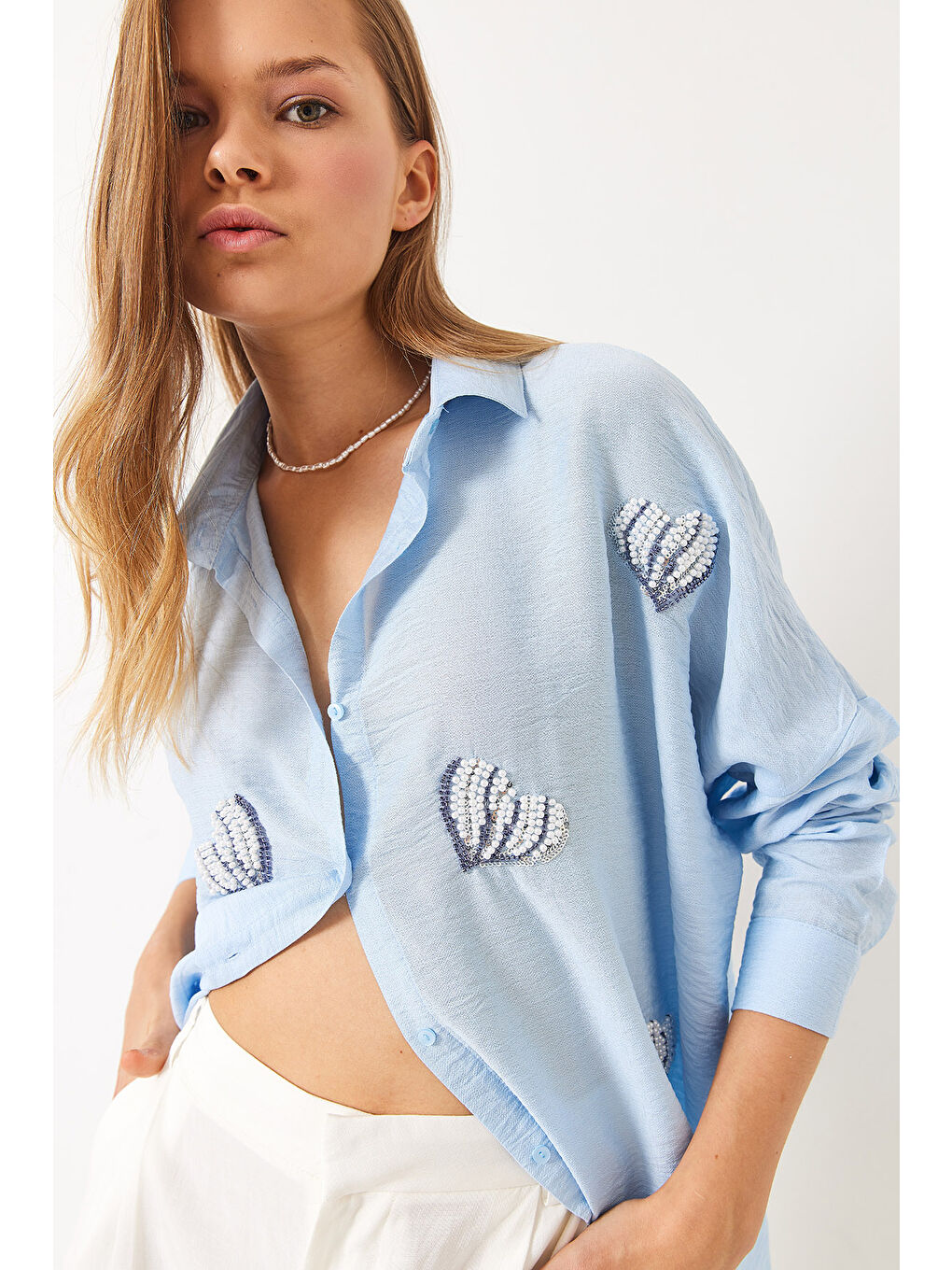 Mavi Kadın Boncuk Taş Kalp İşlemeli Oversize Gömlek-2