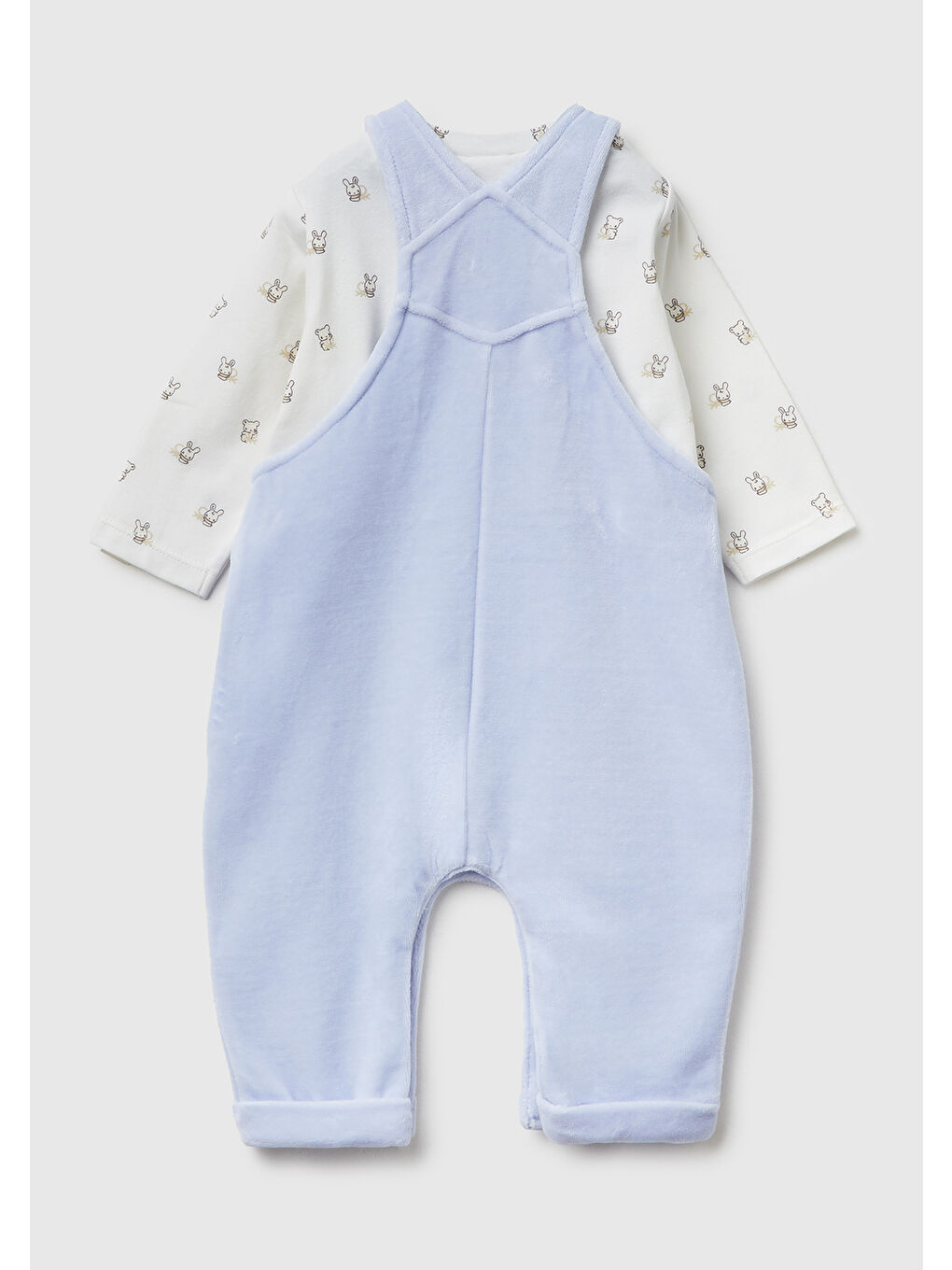 Bebek Ekru-Mavi Desenli Uzun Kollu T-shirt ve Tavşan İşlemeli Salopet Takım-1