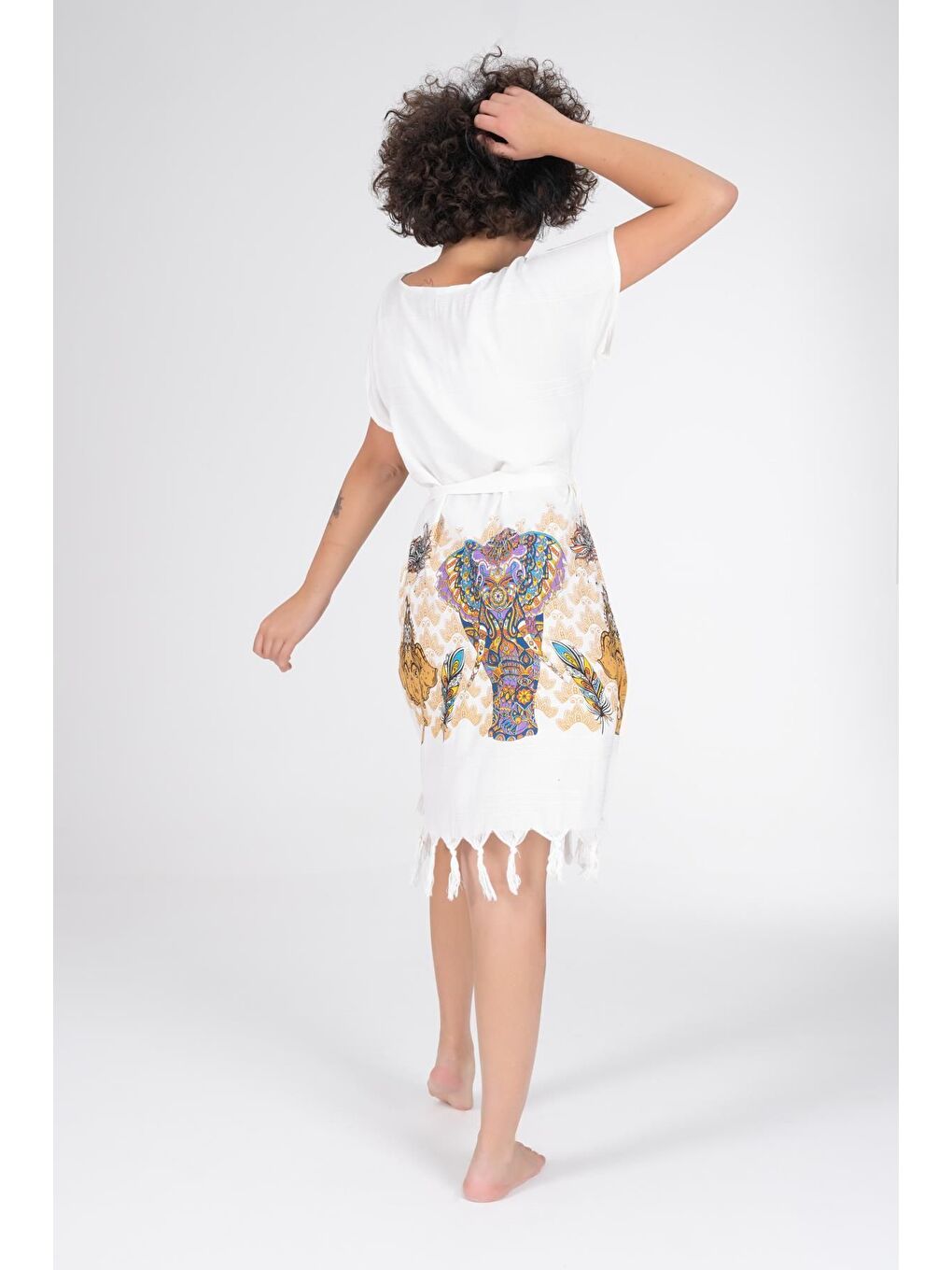 Ekru Baskılı Bambu Plaj Elbisesi-3