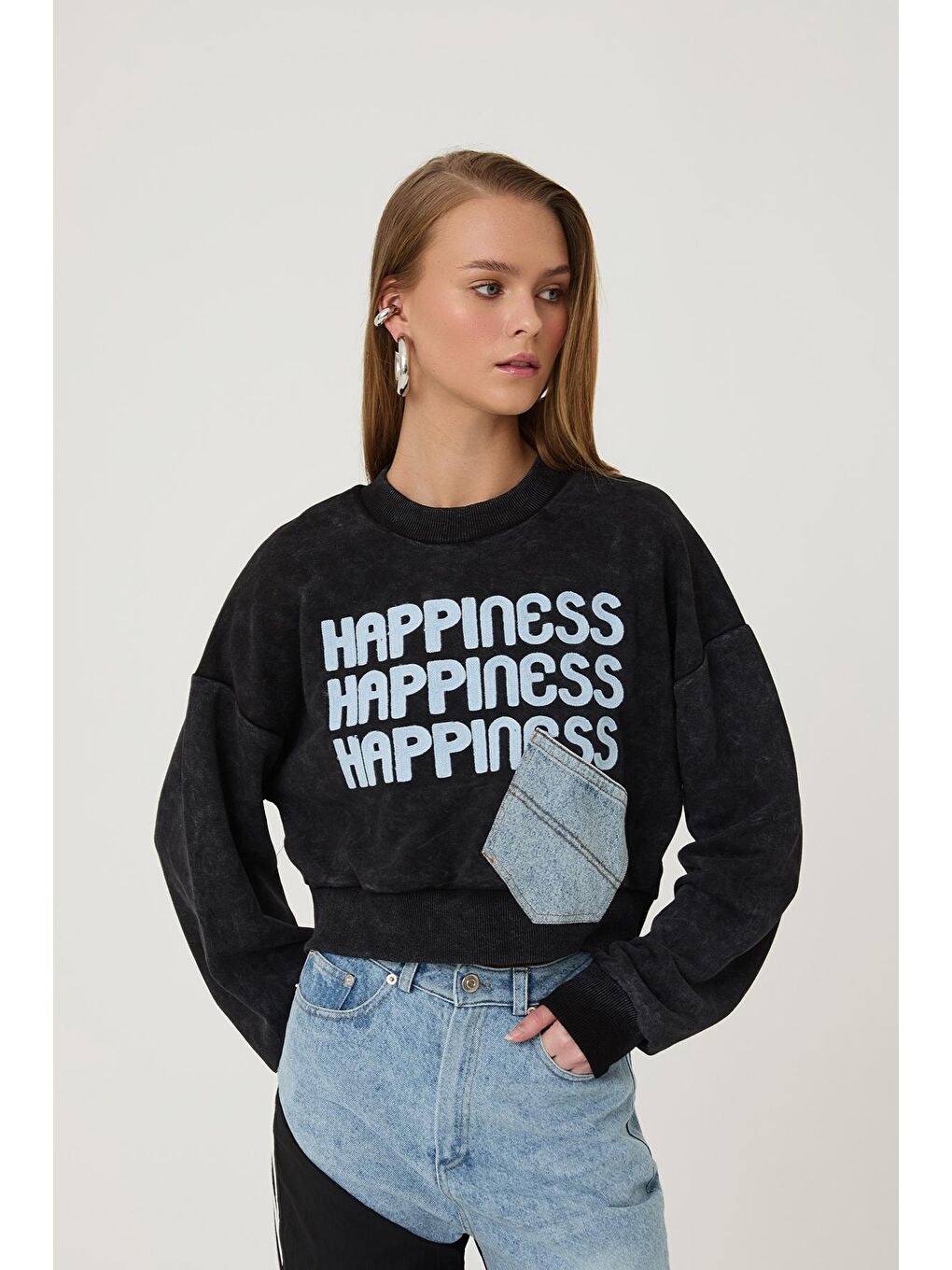 QUZU Siyah Cep Detaylı Crop Sweatshirt Siyah - 3