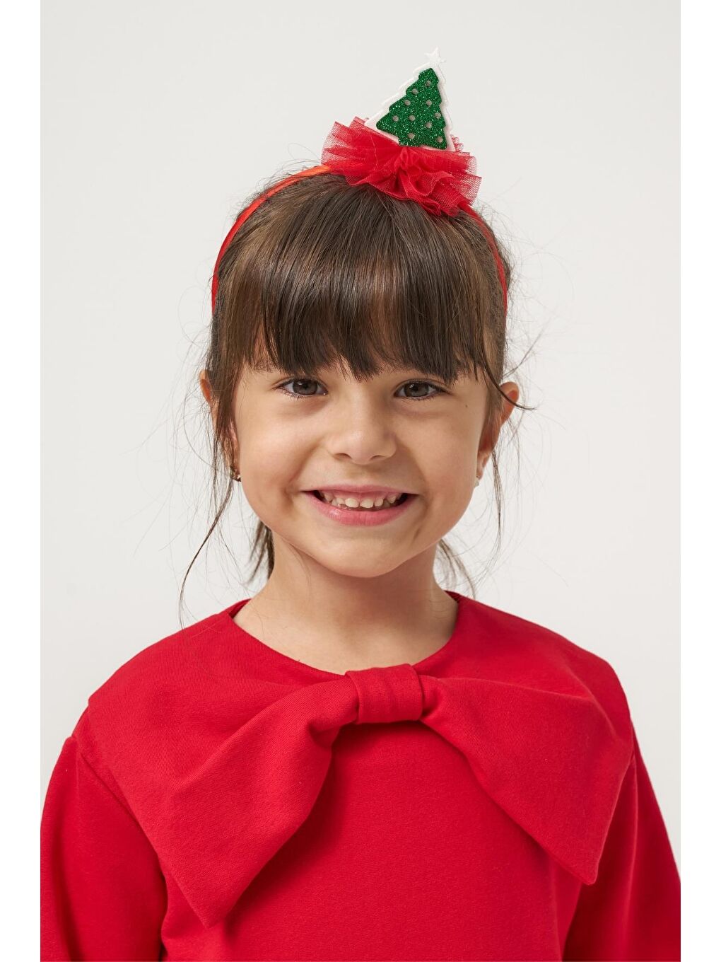 Kız Çocuk Pamuklu Kırmızı Fiyonklu Uzun Kollu Yeşil Ağaç Desenli Tüllü Elbise - Yılbaşı Konseptli-5