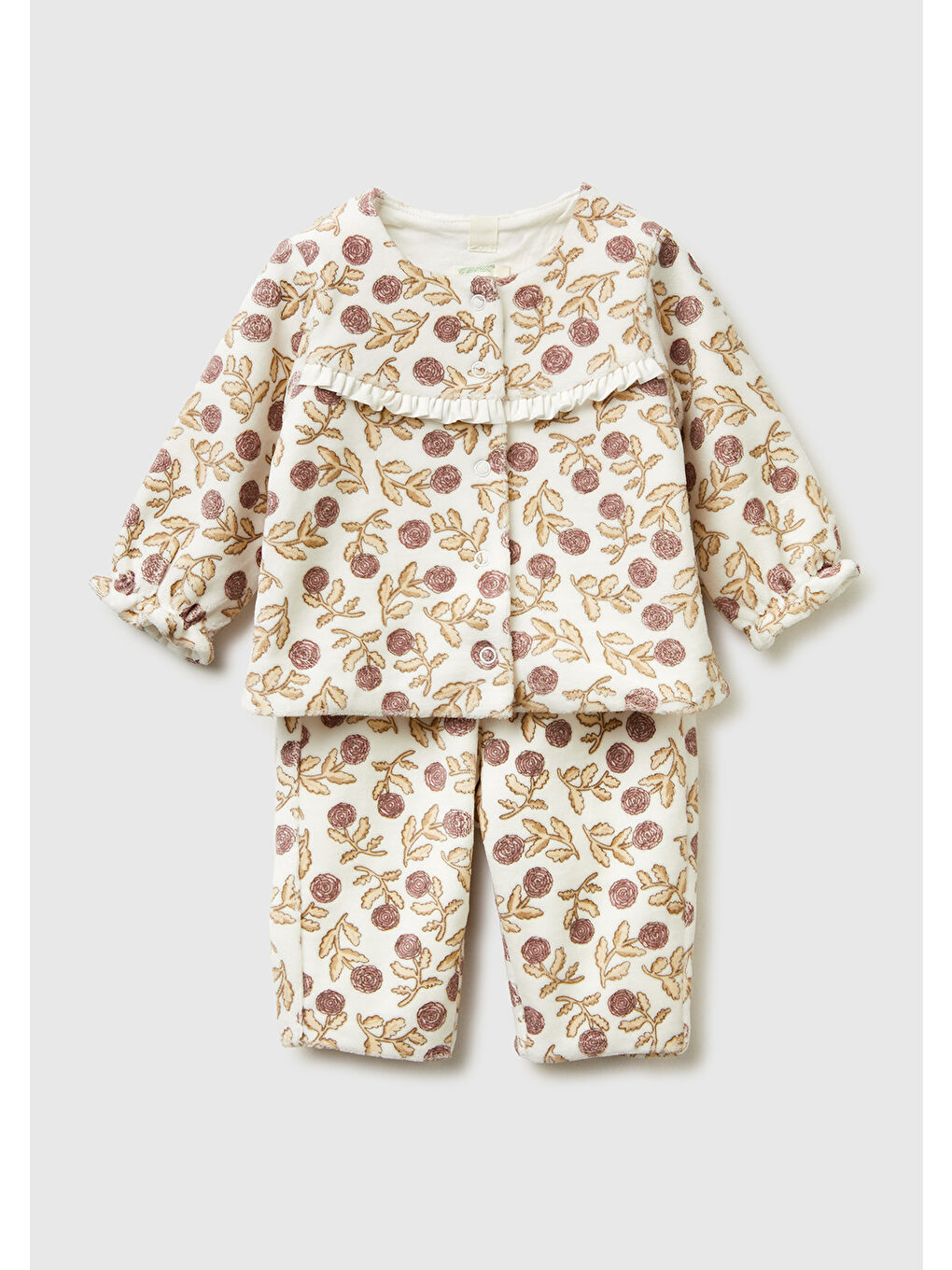 Bebek Ekru Tamamı Desenli Fırfır Detaylı Çıtçıtlı Üst ve Alt Eşofman Takım