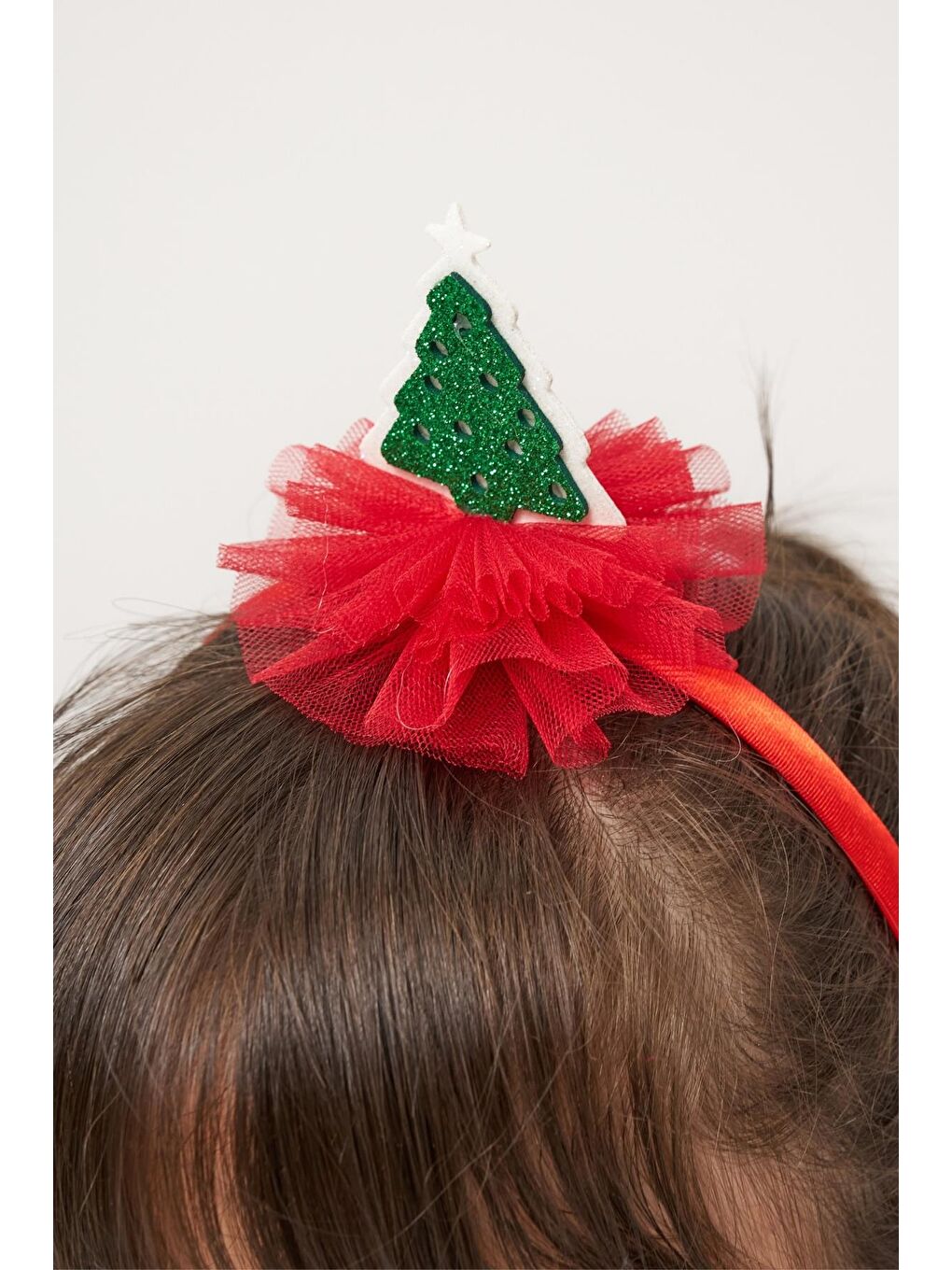 Kız Çocuk Pamuklu Kırmızı Fiyonklu Uzun Kollu Yeşil Ağaç Desenli Tüllü Elbise - Yılbaşı Konseptli-6