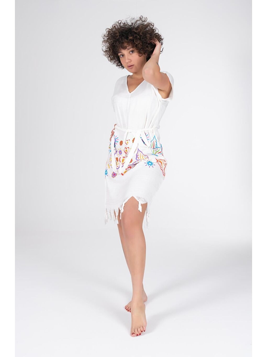 Ekru Baskılı Bambu Plaj Elbisesi-2