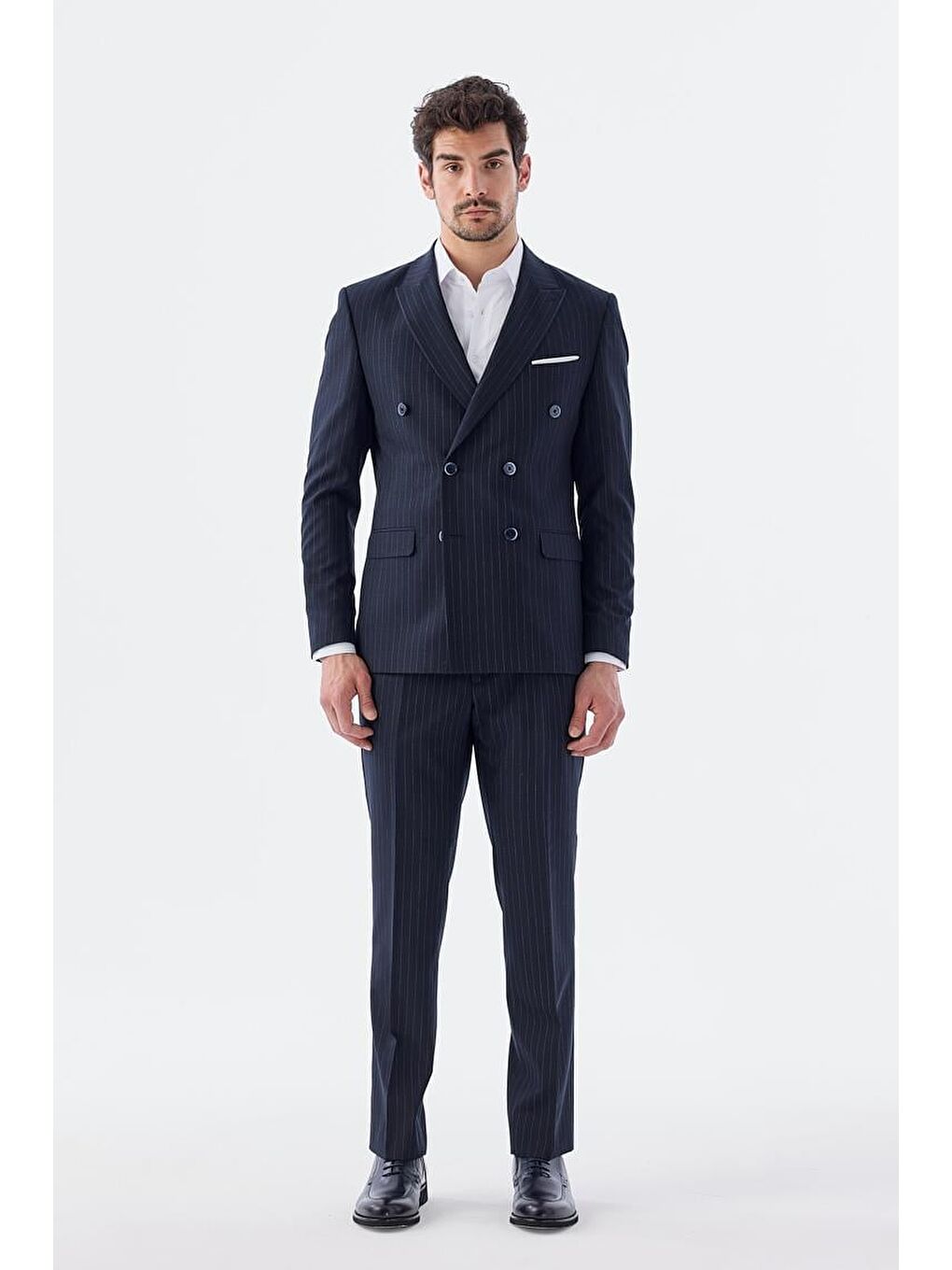 Lacivert Slim Fit Çizgili Kruvaze Takım Elbise