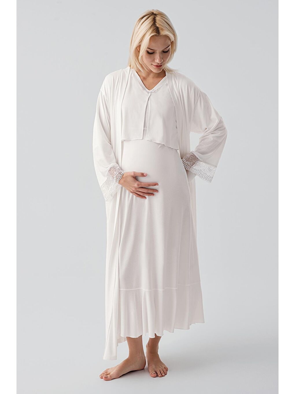 Ekru Uzun Kollu Dantelli Emzirme Bölmeli Esnek Viskoz Hamile Sabahlık Gecelik Takım 19401-1