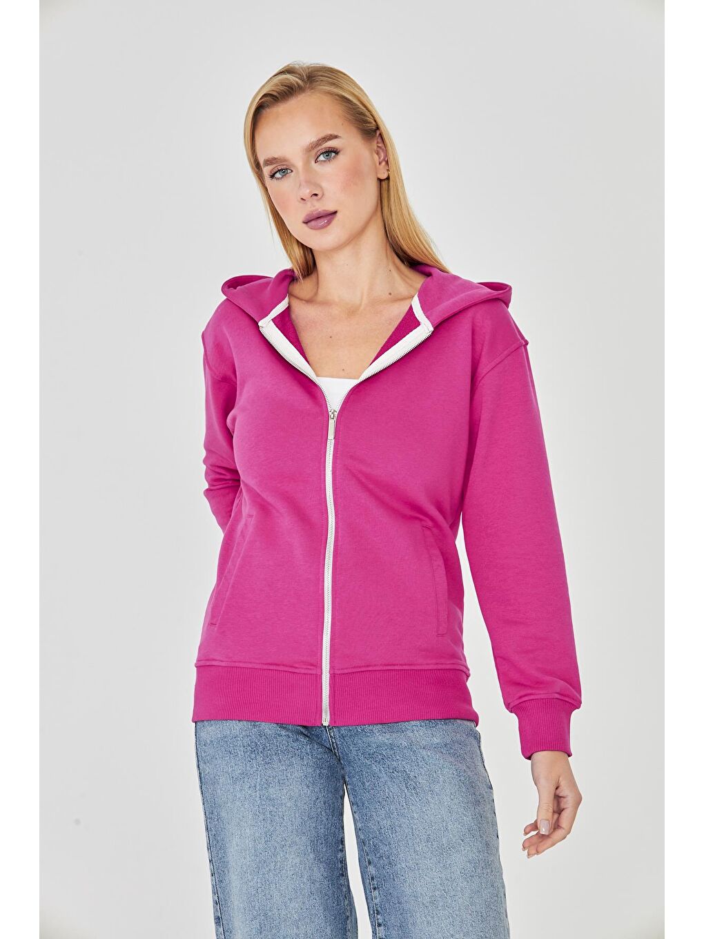 Kadın Tam Fermuarlı Kapüşonlu Pamuklu Eşofman Üstü Fuşya 9508-F-2