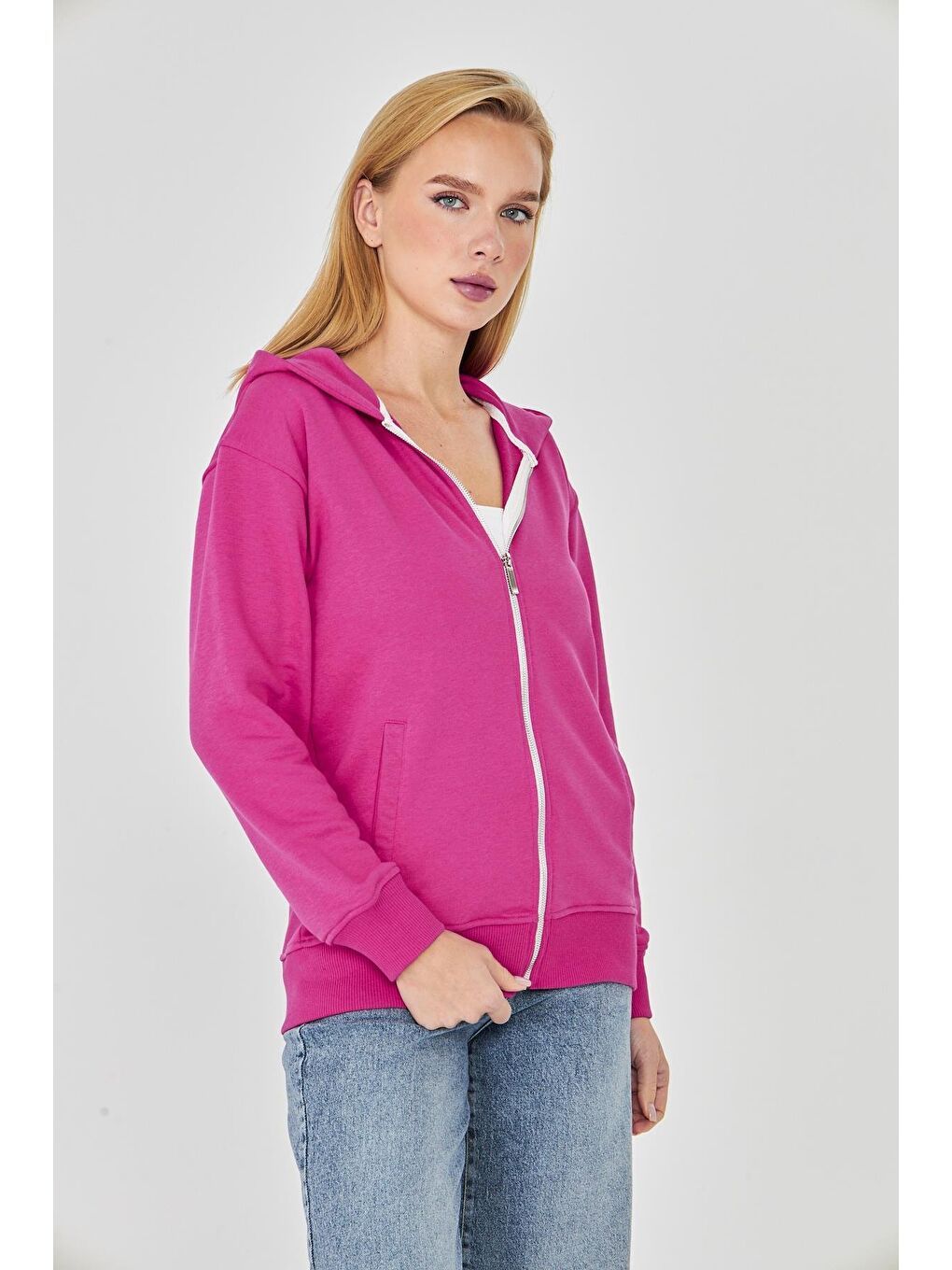 Kadın Tam Fermuarlı Kapüşonlu Pamuklu Eşofman Üstü Fuşya 9508-F-3