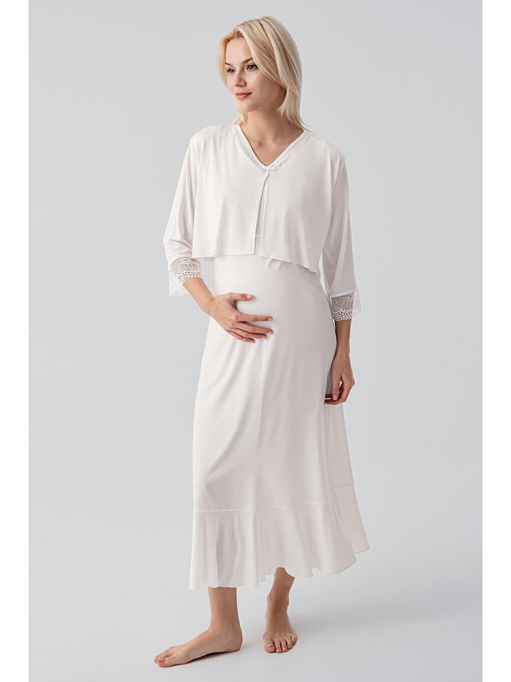 Ekru Uzun Kollu Dantelli Emzirme Bölmeli Esnek Viskoz Hamile Sabahlık Gecelik Takım 19401-2