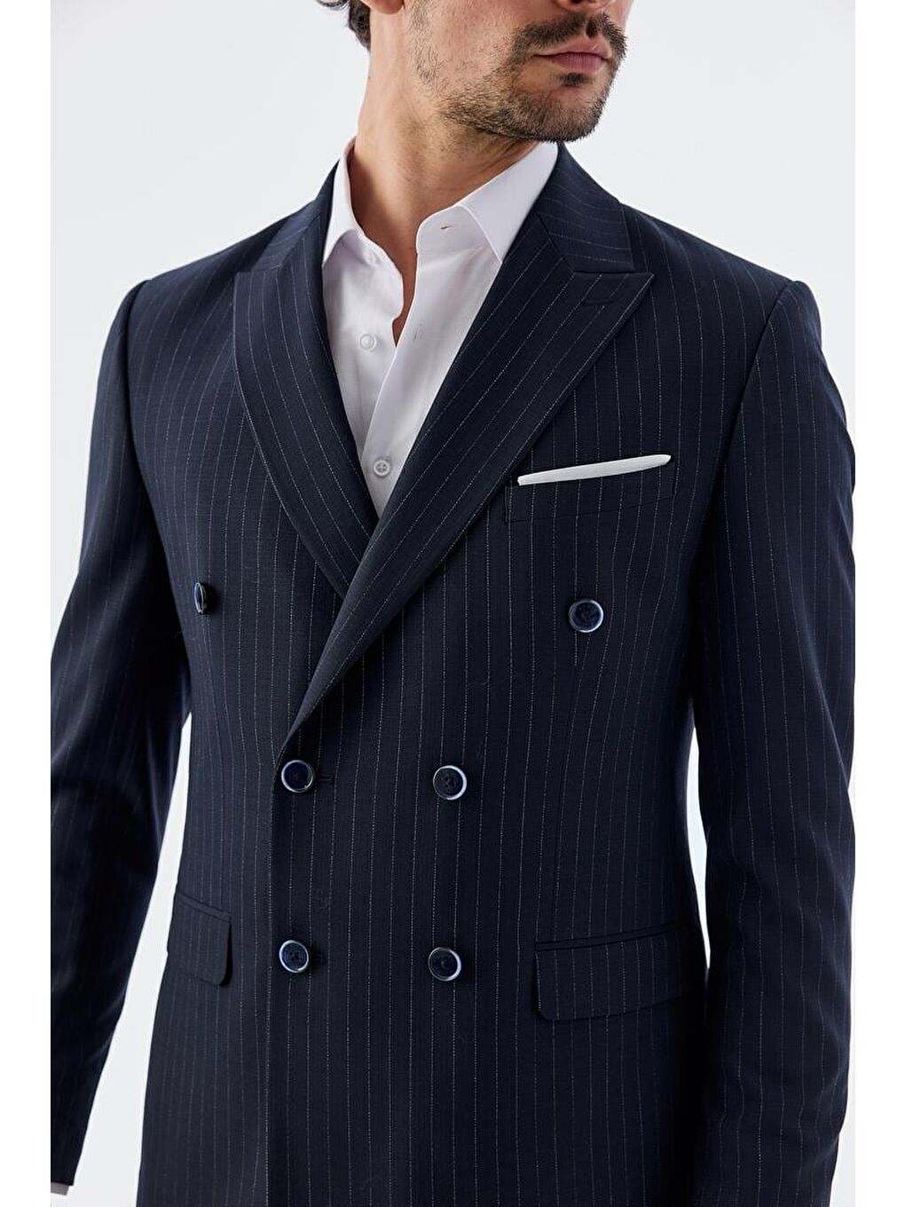 Lacivert Slim Fit Çizgili Kruvaze Takım Elbise-2