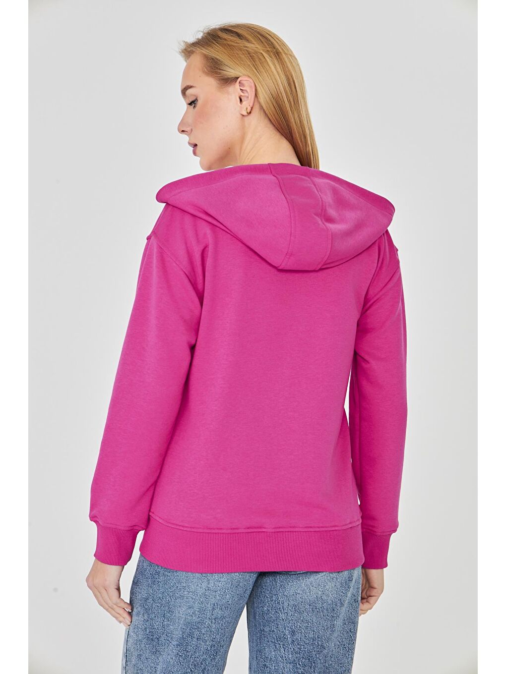 Kadın Tam Fermuarlı Kapüşonlu Pamuklu Eşofman Üstü Fuşya 9508-F-4