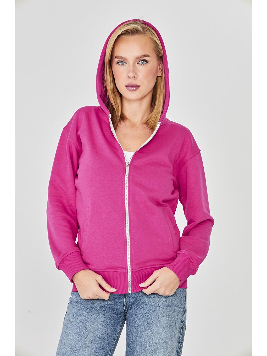 Kadın Tam Fermuarlı Kapüşonlu Pamuklu Eşofman Üstü Fuşya 9508-F-5