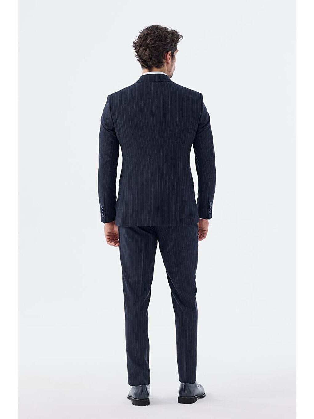 Lacivert Slim Fit Çizgili Kruvaze Takım Elbise-3