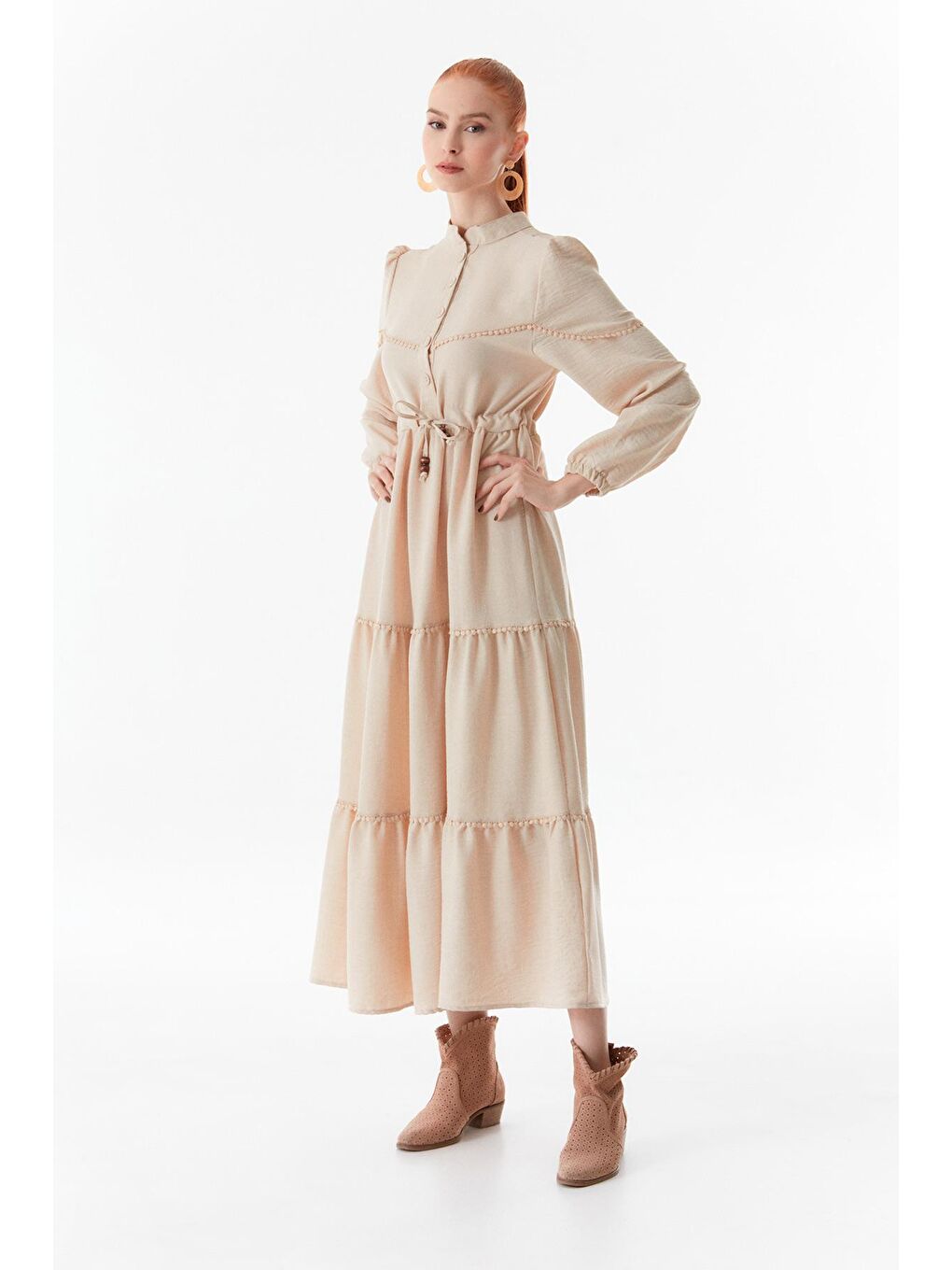 Bej Fullamodest Beli Bağlamalı Hakim Yaka Elbise-2