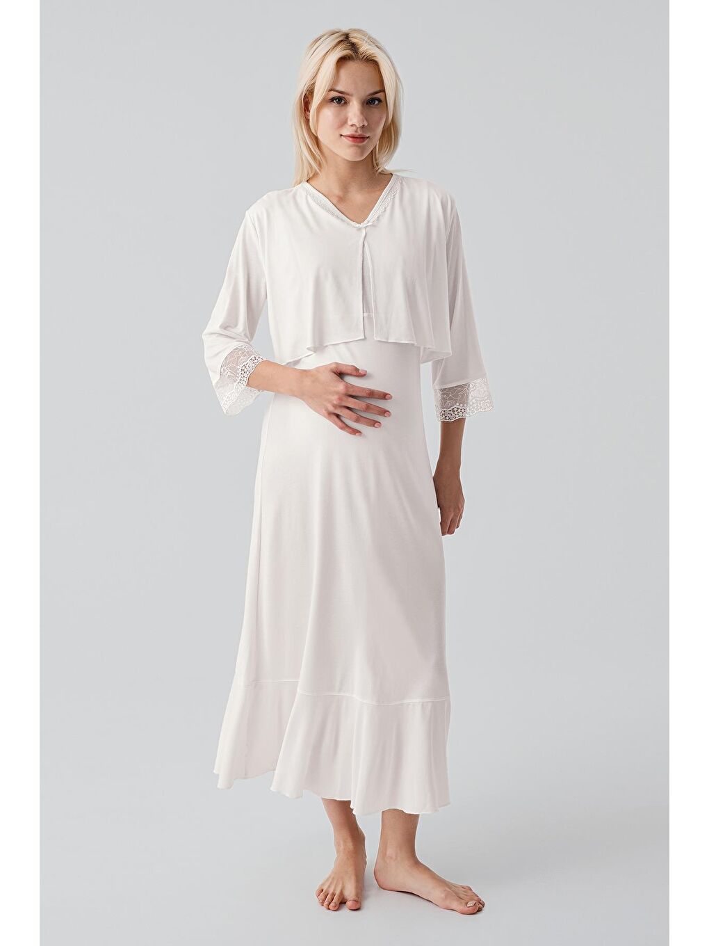 Ekru Uzun Kollu Dantelli Emzirme Bölmeli Esnek Viskoz Hamile Sabahlık Gecelik Takım 19401-3