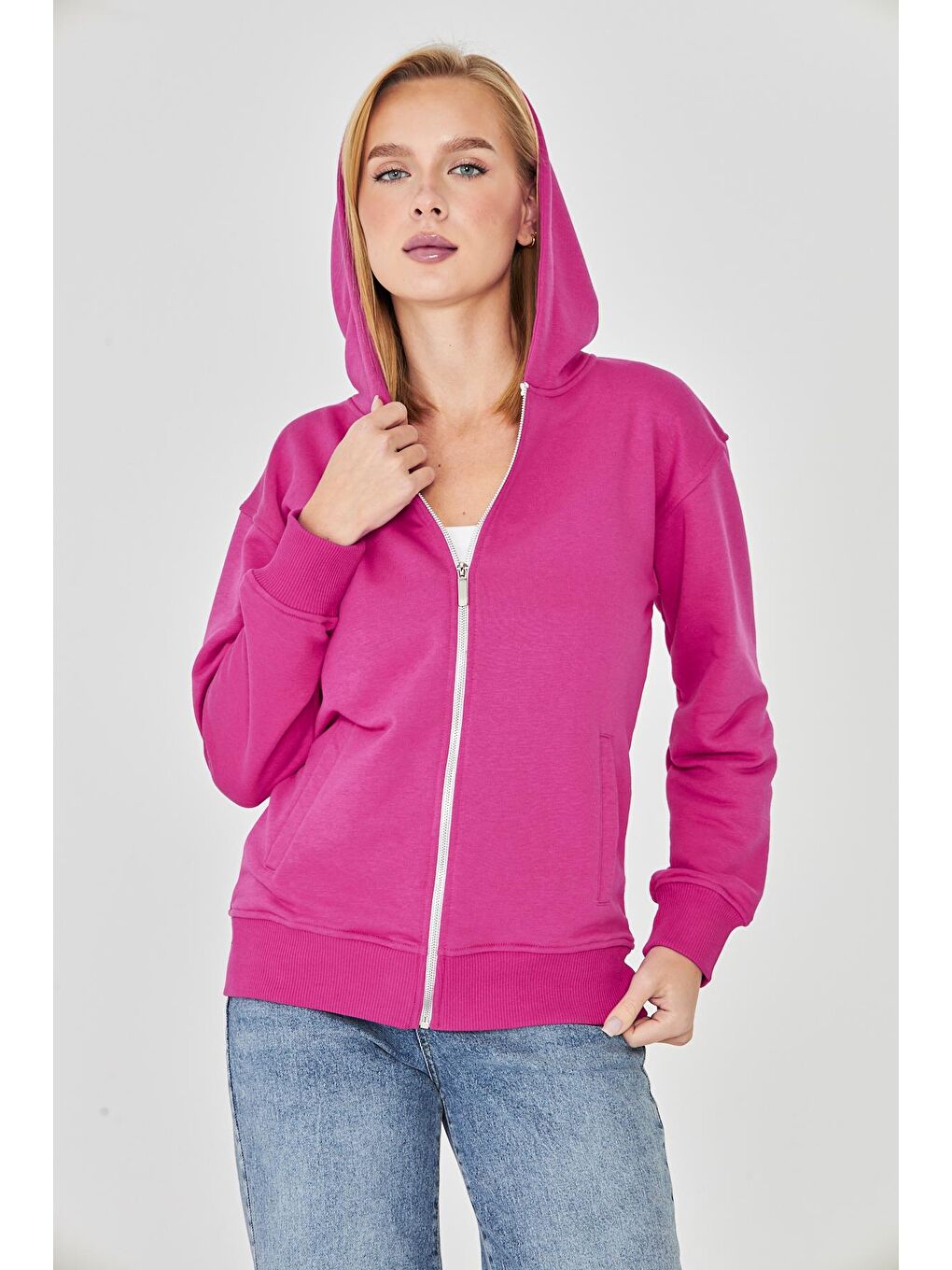 Kadın Tam Fermuarlı Kapüşonlu Pamuklu Eşofman Üstü Fuşya 9508-F-6