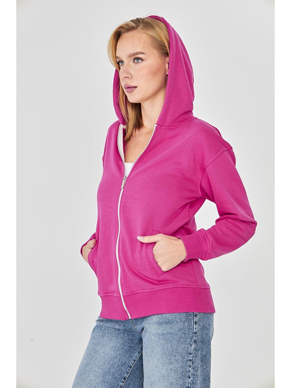 Kadın Tam Fermuarlı Kapüşonlu Pamuklu Eşofman Üstü Fuşya 9508-F-7