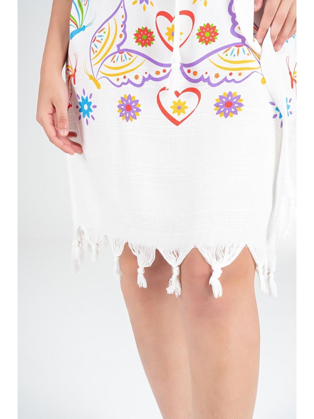 Ekru Baskılı Bambu Plaj Elbisesi-3