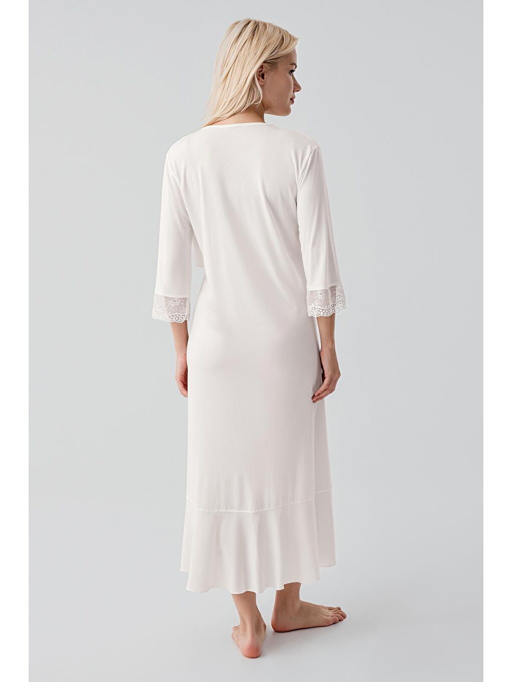 Ekru Uzun Kollu Dantelli Emzirme Bölmeli Esnek Viskoz Hamile Sabahlık Gecelik Takım 19401-5