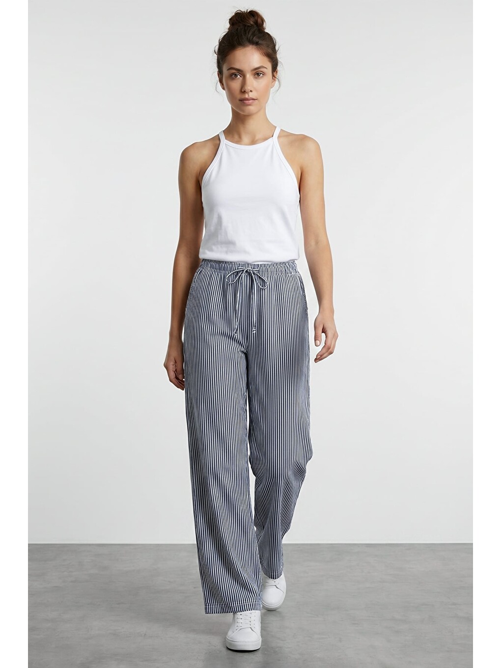 Lacivert Çizgili Beli Lastikli Wide Leg Pantolon