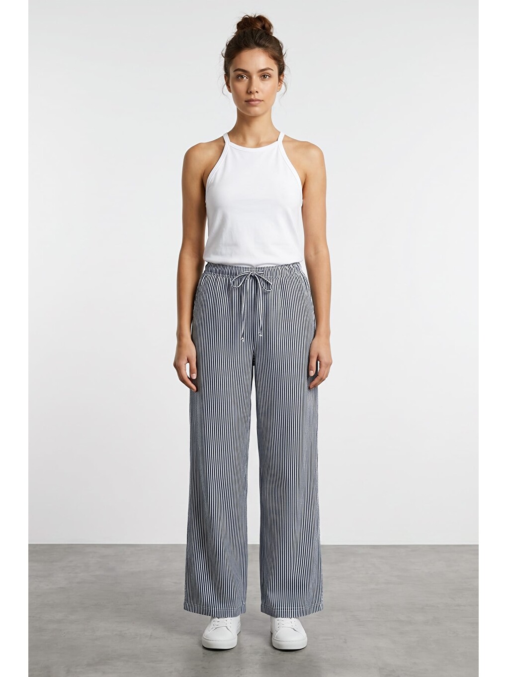 Lacivert Çizgili Beli Lastikli Wide Leg Pantolon-1