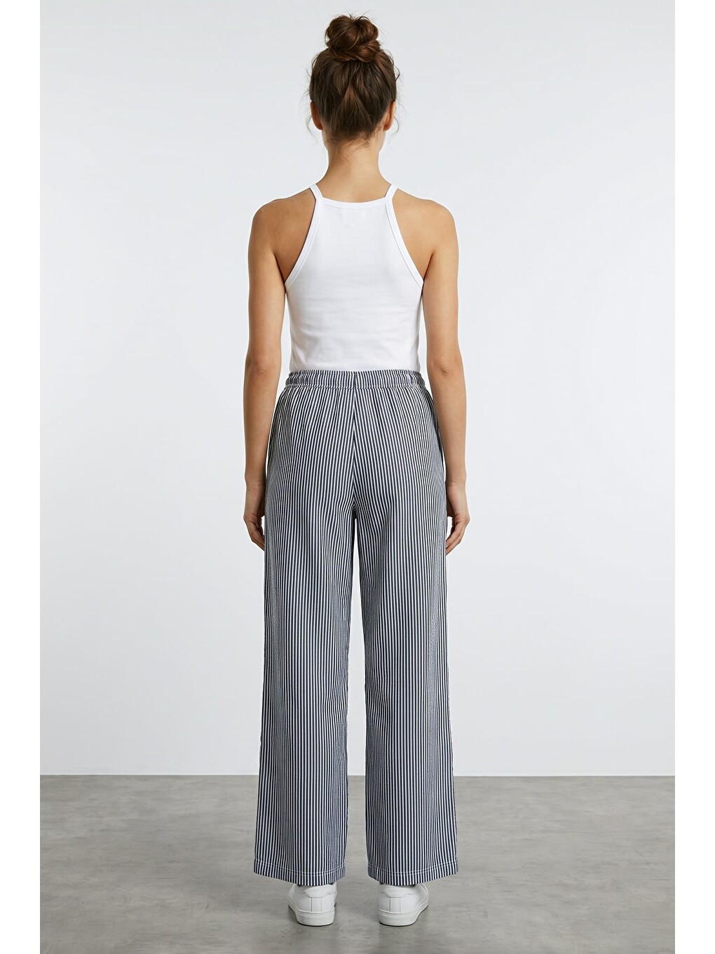 Lacivert Çizgili Beli Lastikli Wide Leg Pantolon-2