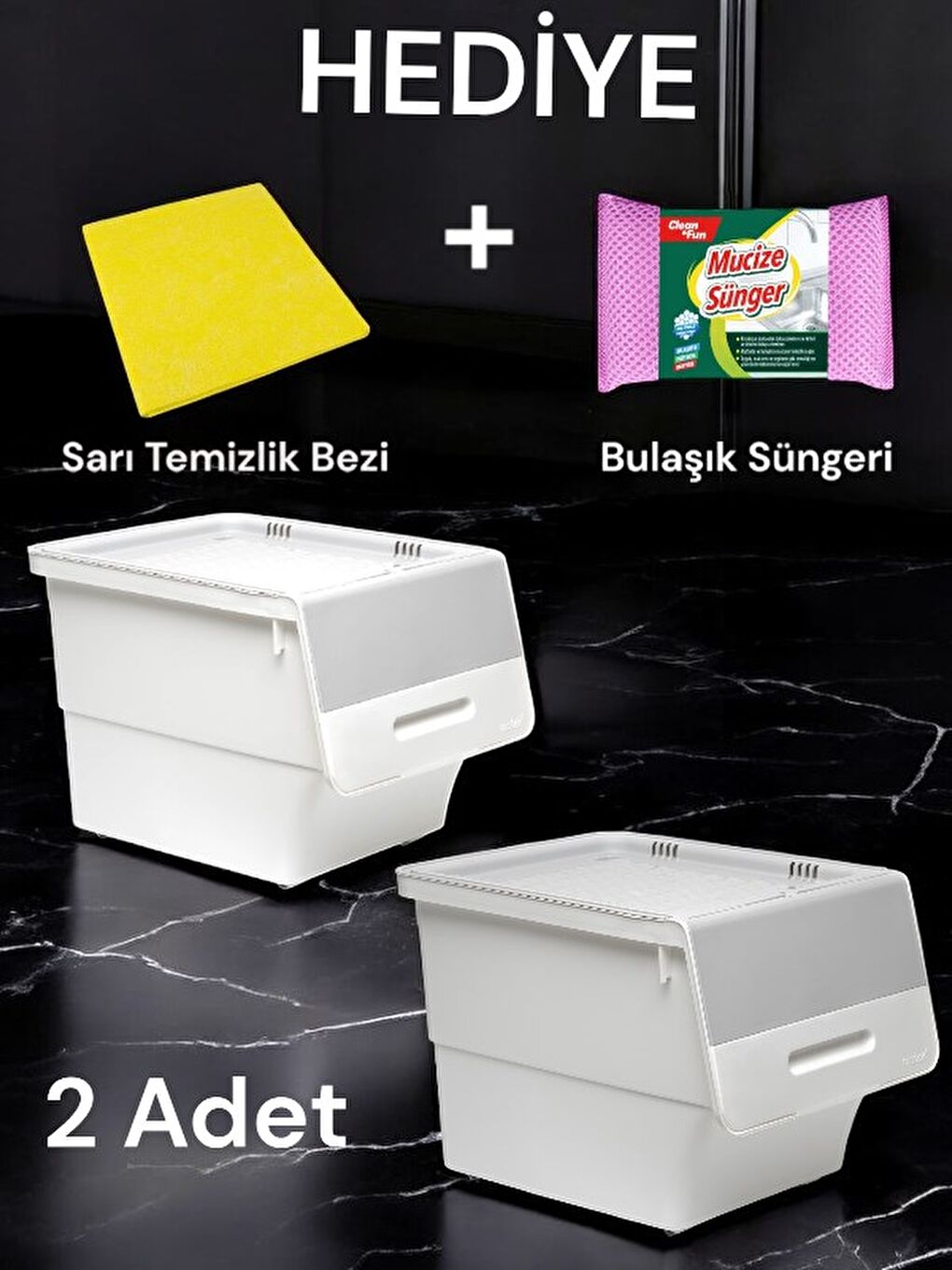 Technow Motek Freebox 12 Litre Beyaz Gri Tekerlekli Organizer 2 Adet + Temizlik Seti