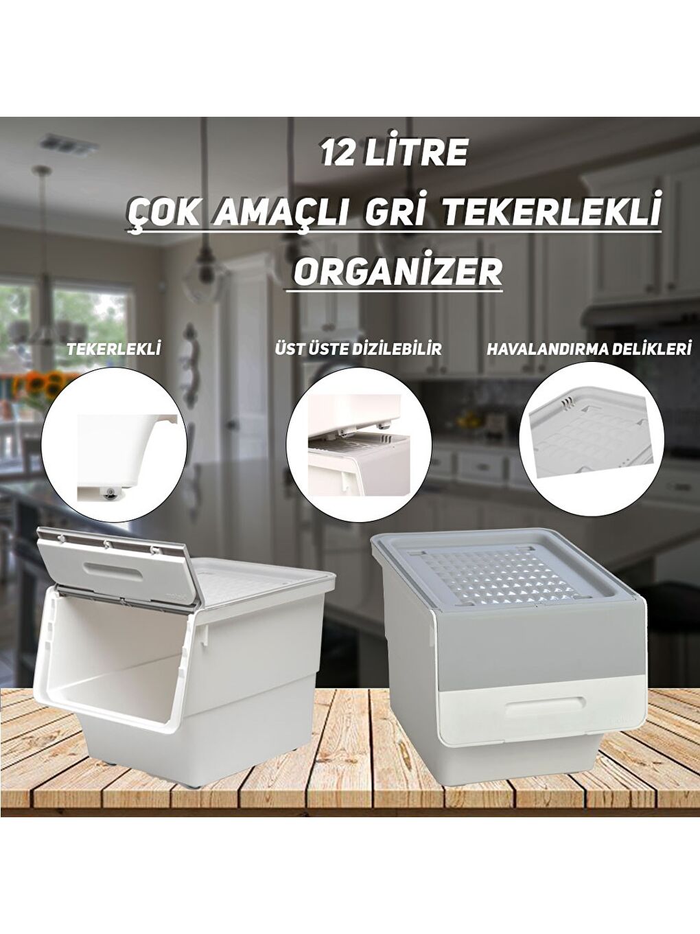 Technow Motek MT06 12 Litre Beyaz Gri Tekerlekli Tekli Organizer + Temizlik Seti - 1