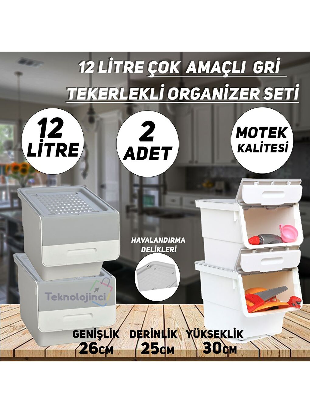 Technow Motek Freebox 12 Litre Beyaz Gri Tekerlekli Organizer 2 Adet + Temizlik Seti - 1