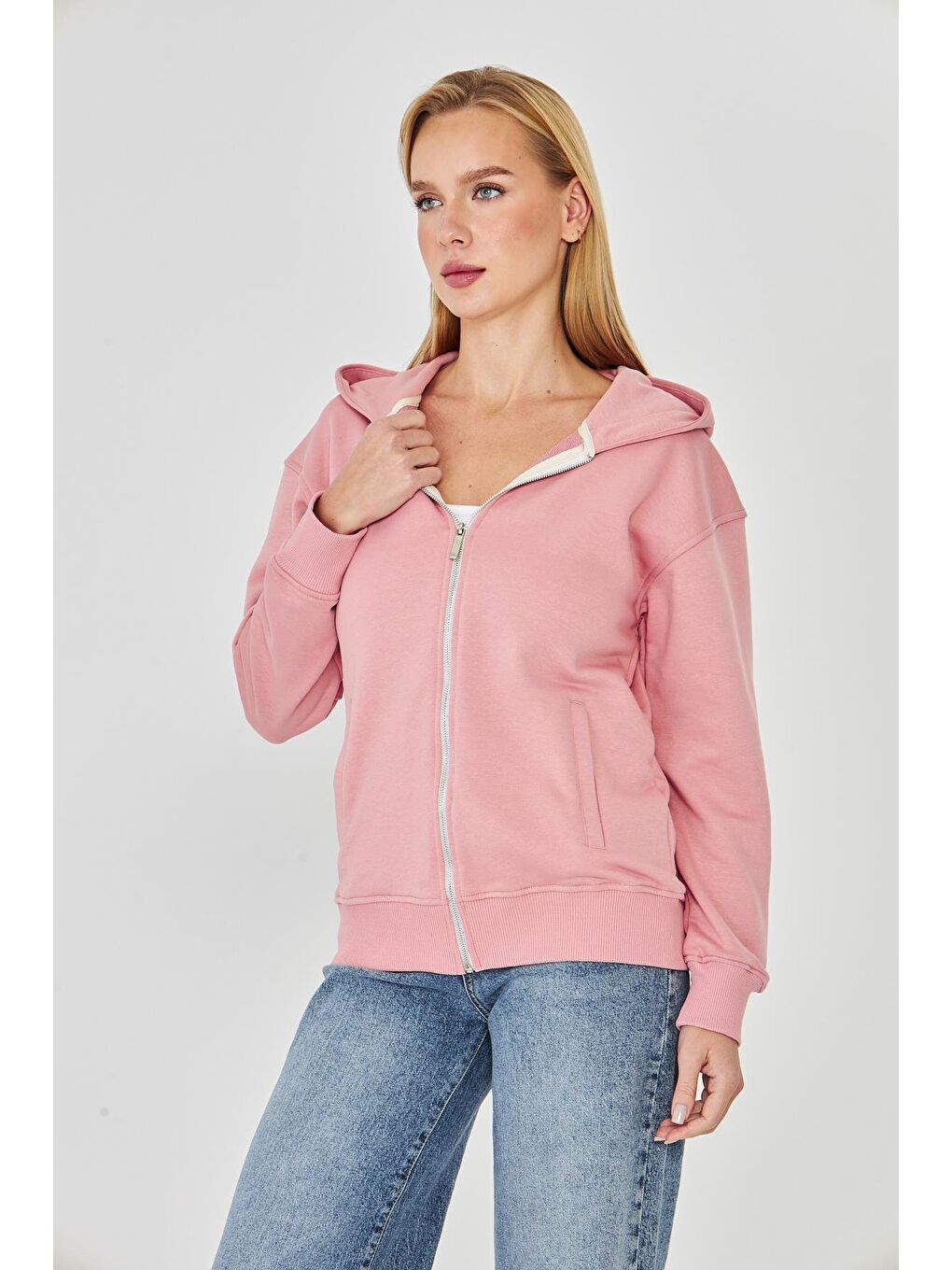 Kadın Tam Fermuarlı Kapüşonlu Pamuklu Eşofman Üstü Pembe 9508-P-1