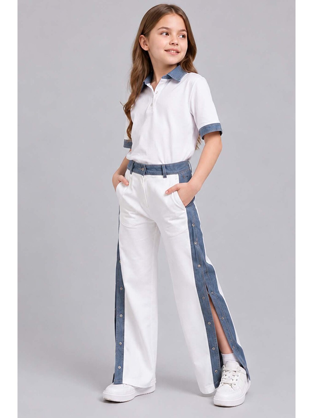 Kız Çocuk Polo Yaka Kol Uçları Jean Detaylı T-shirt Boydan Cıtcıt Yırtmaç Detaylı Beyaz Alt Üst Takı-2