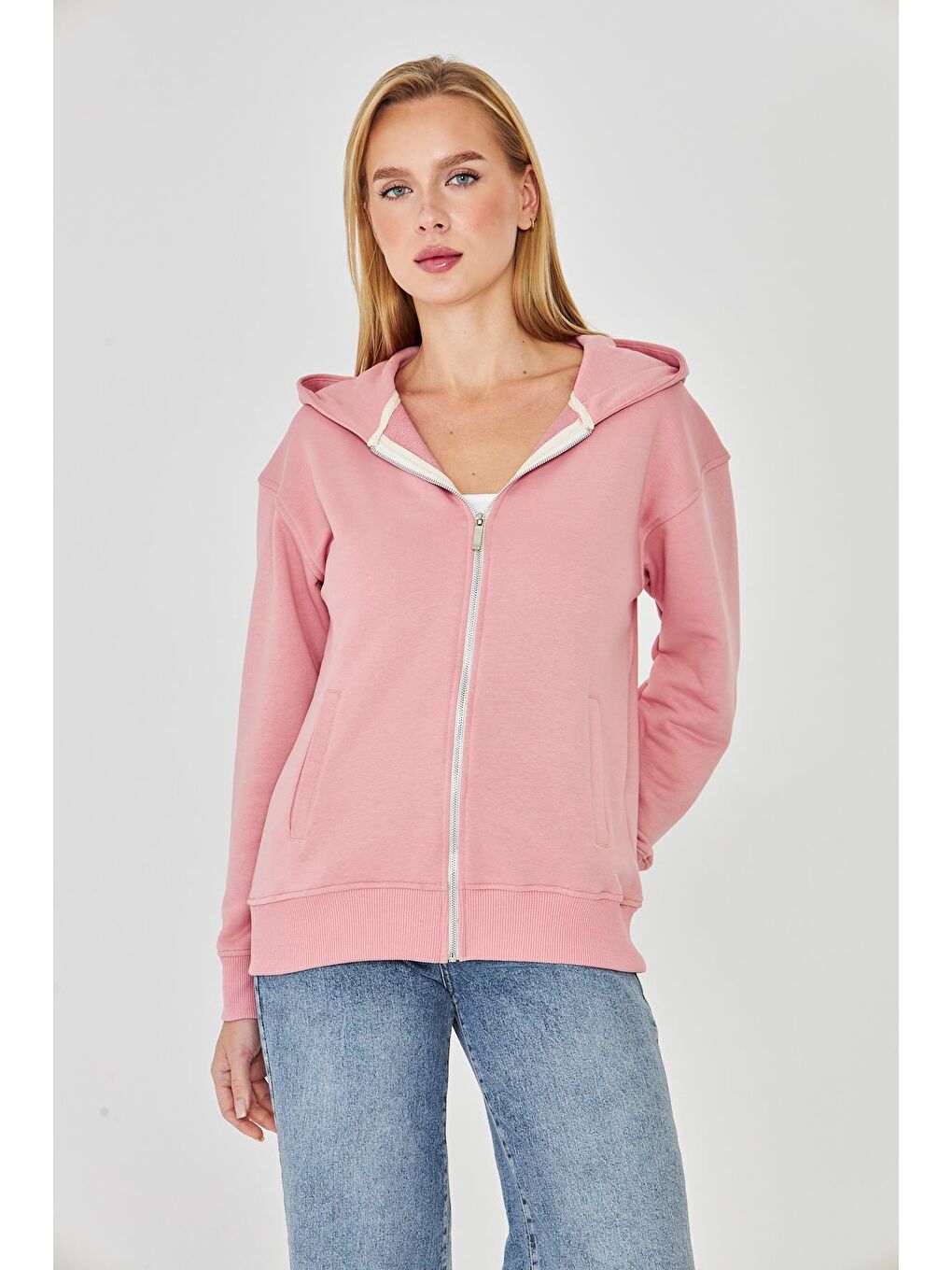 Kadın Tam Fermuarlı Kapüşonlu Pamuklu Eşofman Üstü Pembe 9508-P-2