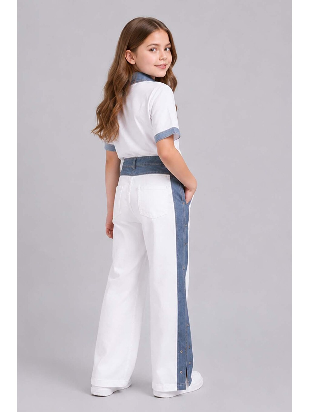 Kız Çocuk Polo Yaka Kol Uçları Jean Detaylı T-shirt Boydan Cıtcıt Yırtmaç Detaylı Beyaz Alt Üst Takı-3