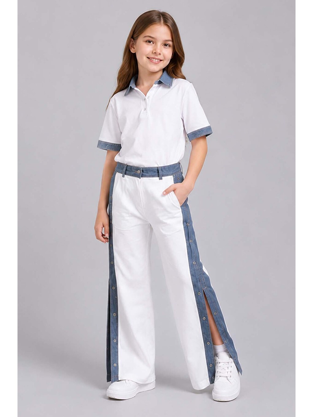 Kız Çocuk Polo Yaka Kol Uçları Jean Detaylı T-shirt Boydan Cıtcıt Yırtmaç Detaylı Beyaz Alt Üst Takı-4