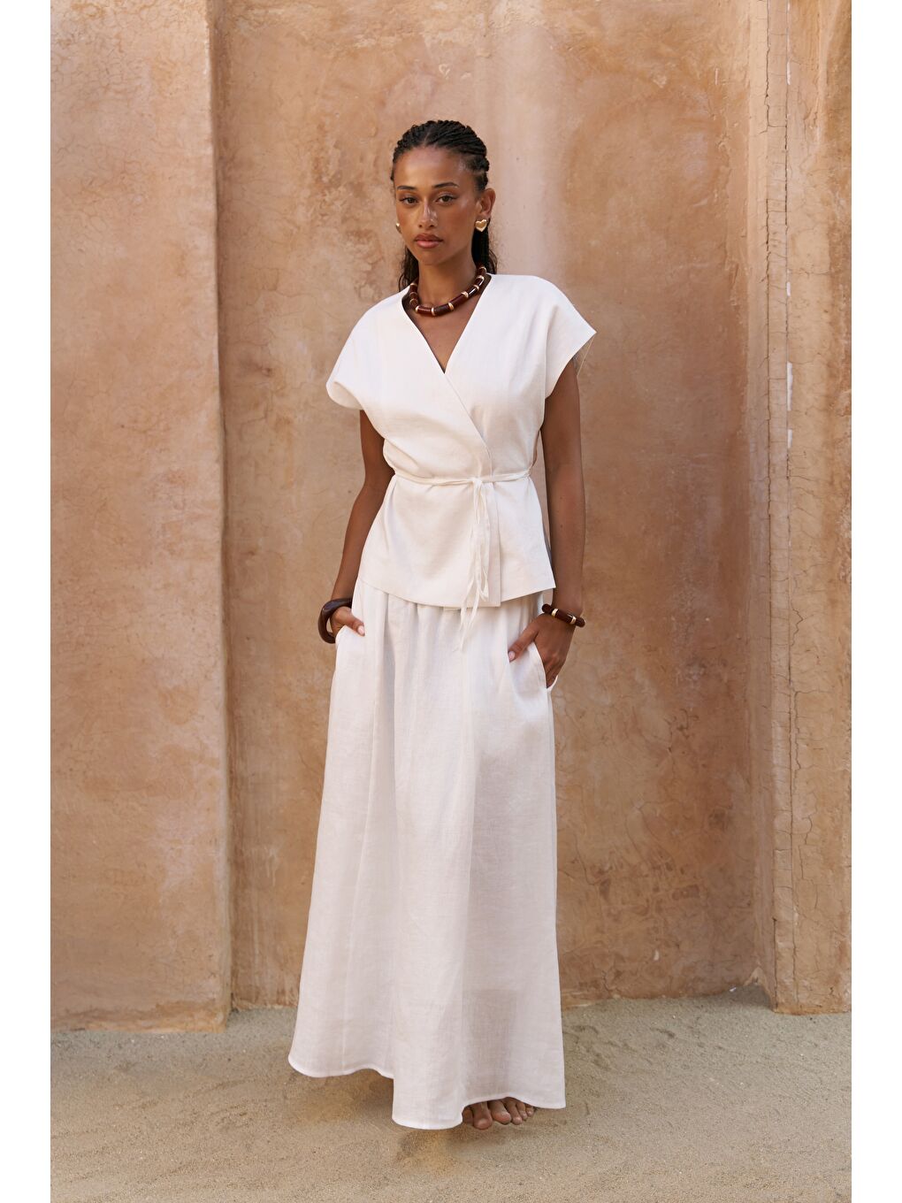 Fiametta Salaş Ekru Keten Yelek Etek Takım-2