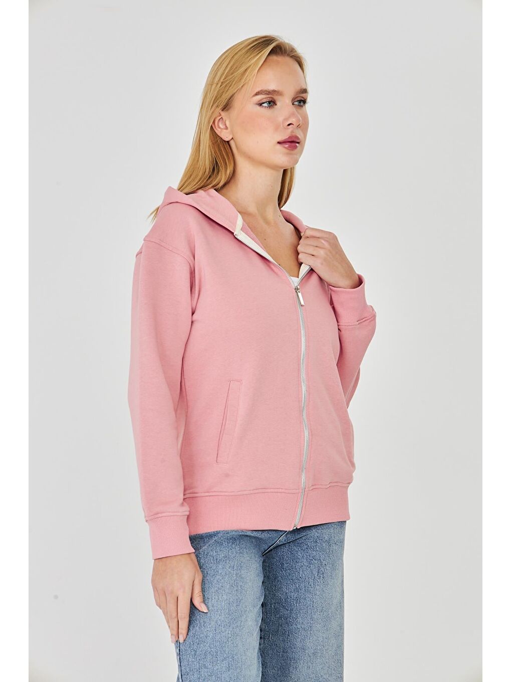 Kadın Tam Fermuarlı Kapüşonlu Pamuklu Eşofman Üstü Pembe 9508-P-4