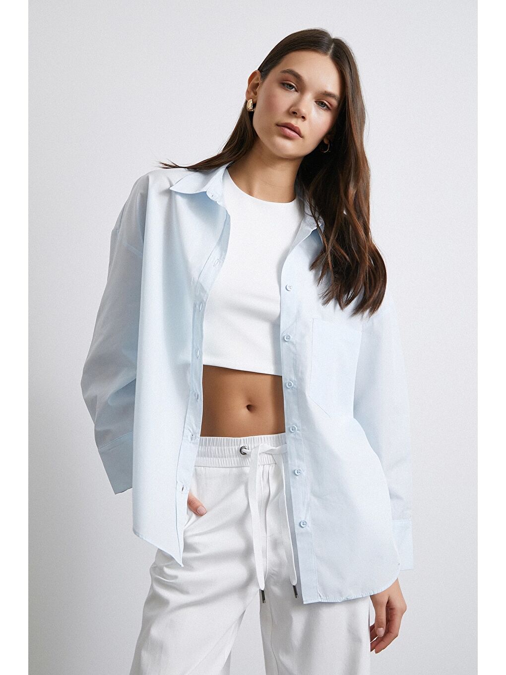 Oversize Pamuklu Gömlek Açık Mavi-2