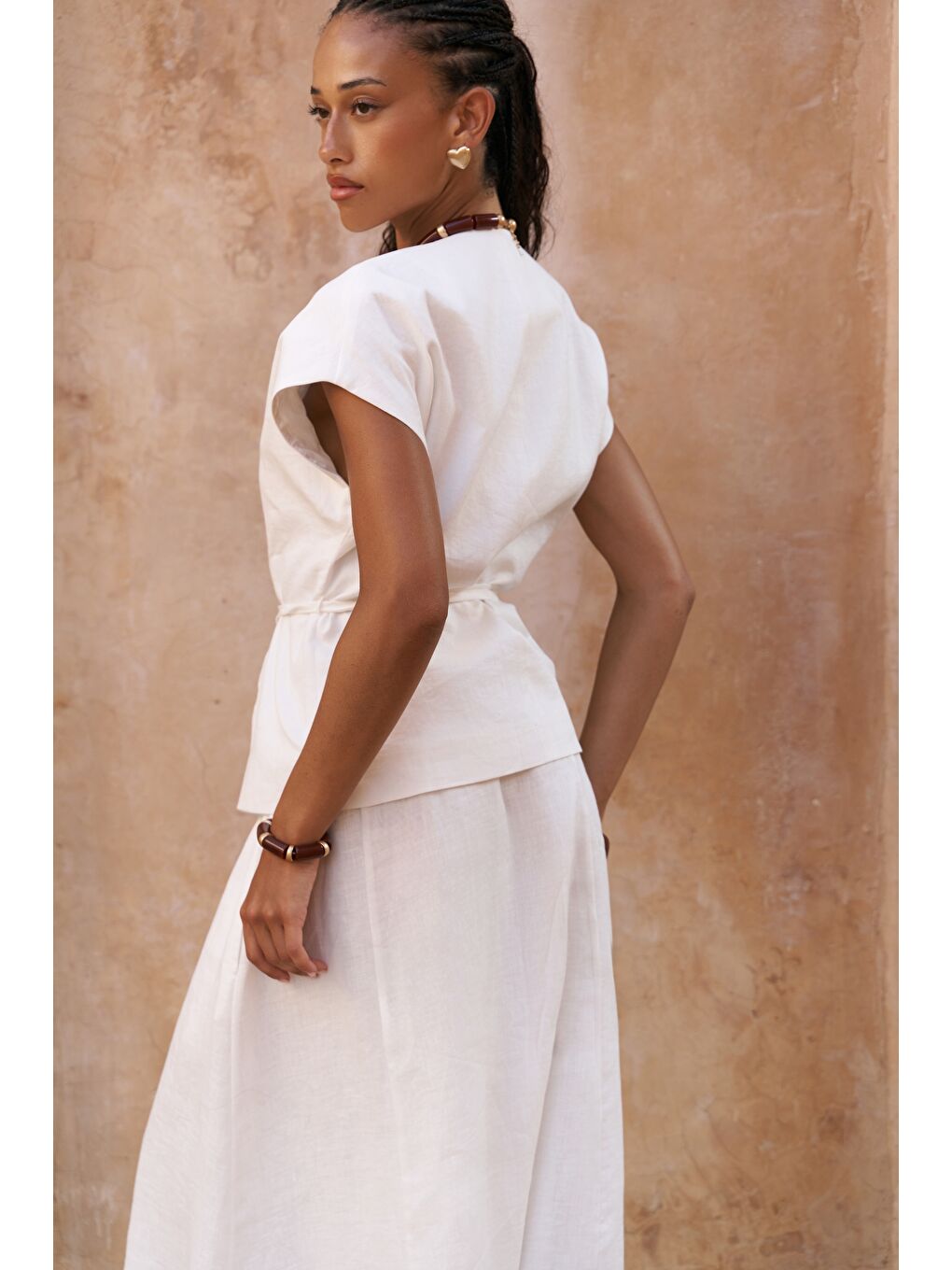 Fiametta Salaş Ekru Keten Yelek Etek Takım-3