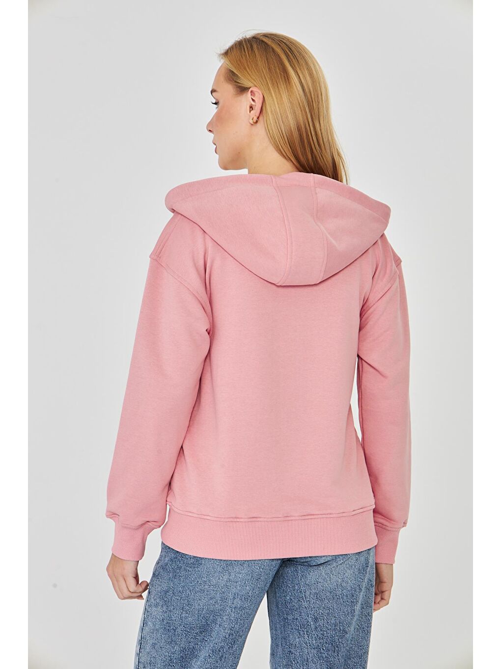 Kadın Tam Fermuarlı Kapüşonlu Pamuklu Eşofman Üstü Pembe 9508-P-5