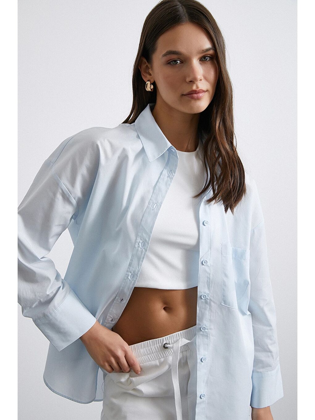 Oversize Pamuklu Gömlek Açık Mavi-3