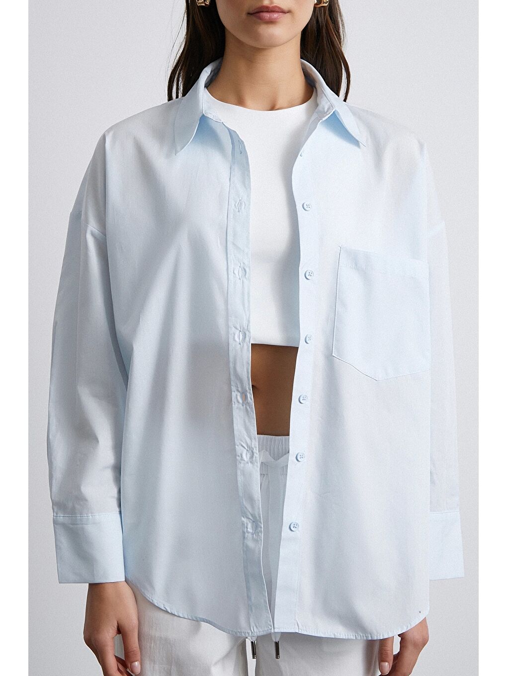 Oversize Pamuklu Gömlek Açık Mavi-4