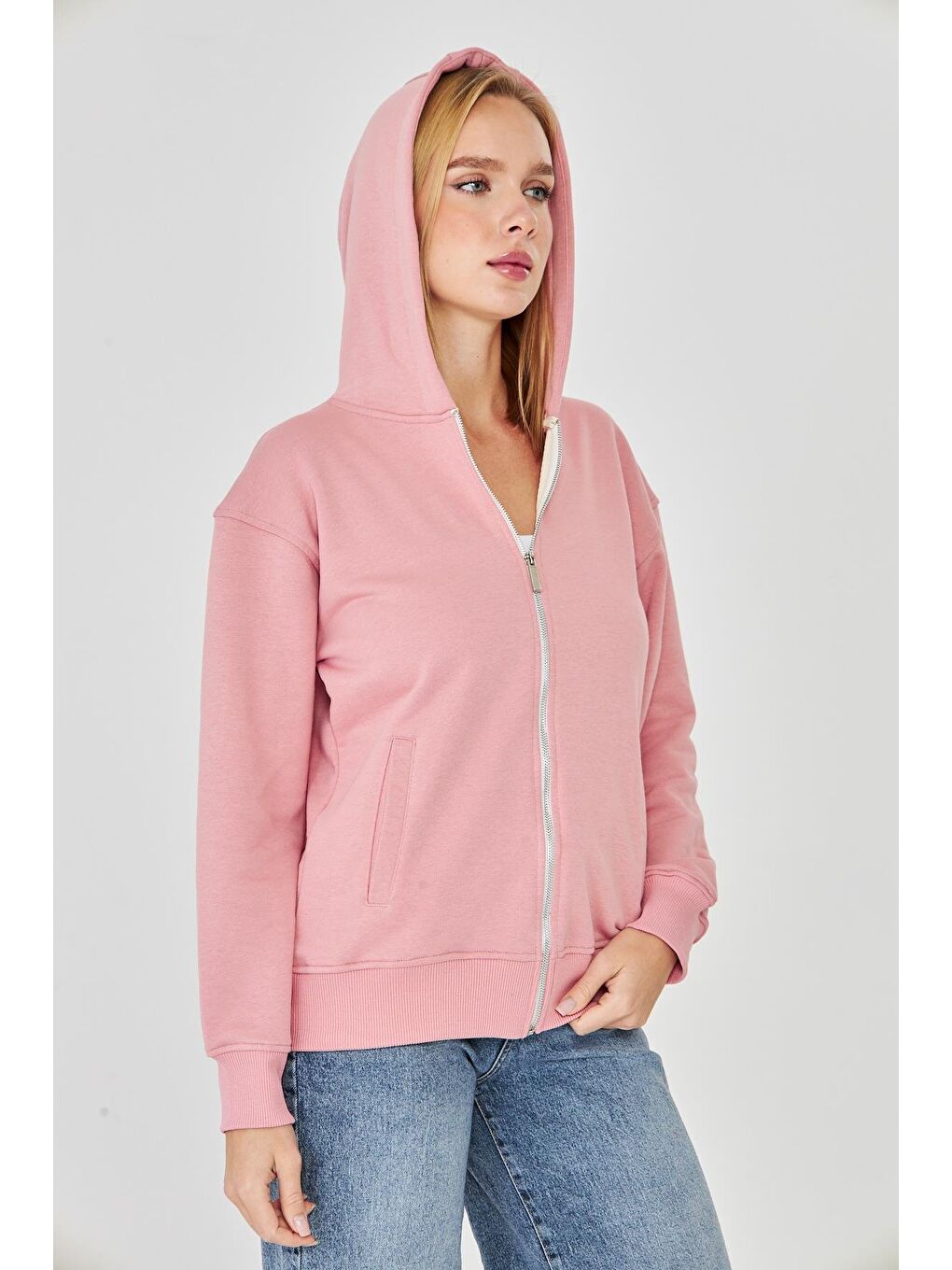 Kadın Tam Fermuarlı Kapüşonlu Pamuklu Eşofman Üstü Pembe 9508-P-7