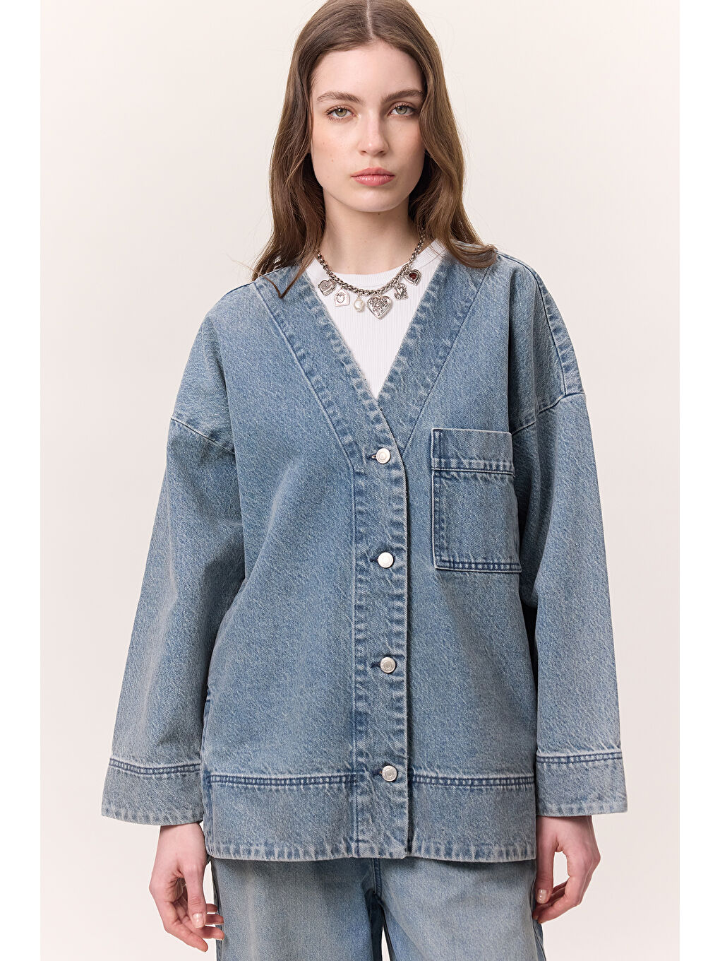 Düğme Kapamalı Denim Ceket Mavi-1